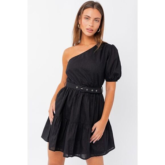 Le Lis Black Puff Sleeve Belted Mini / S - Picture 1 of 2